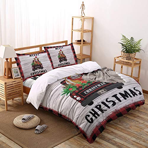 Duvet Cover Queen Size, 4 Pieces Comforter Cover Set, Merry Christmas Truck Carrying Cows on Wood Grain Red Lattice Border Soft Bedding Sets - 1 Queen Duvet Cover, 1 Bed Sheet and 2 Pillowcases