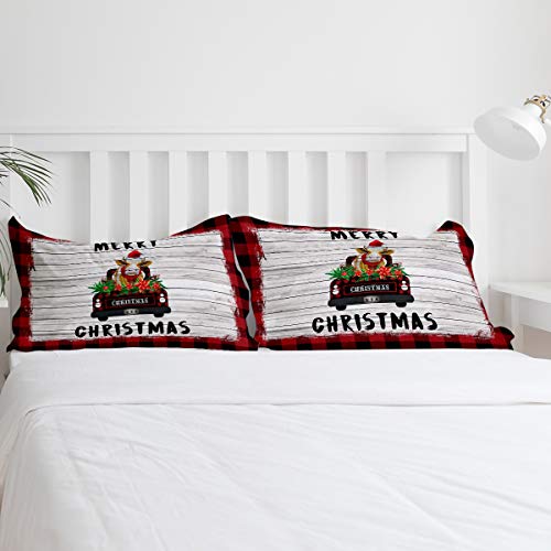 Duvet Cover Queen Size, 4 Pieces Comforter Cover Set, Merry Christmas Truck Carrying Cows on Wood Grain Red Lattice Border Soft Bedding Sets - 1 Queen Duvet Cover, 1 Bed Sheet and 2 Pillowcases