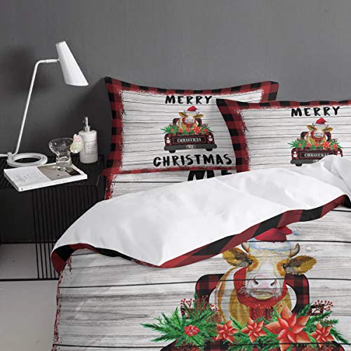 Duvet Cover Queen Size, 4 Pieces Comforter Cover Set, Merry Christmas Truck Carrying Cows on Wood Grain Red Lattice Border Soft Bedding Sets - 1 Queen Duvet Cover, 1 Bed Sheet and 2 Pillowcases