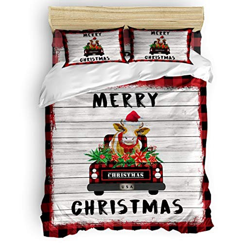 Duvet Cover Queen Size, 4 Pieces Comforter Cover Set, Merry Christmas Truck Carrying Cows on Wood Grain Red Lattice Border Soft Bedding Sets - 1 Queen Duvet Cover, 1 Bed Sheet and 2 Pillowcases