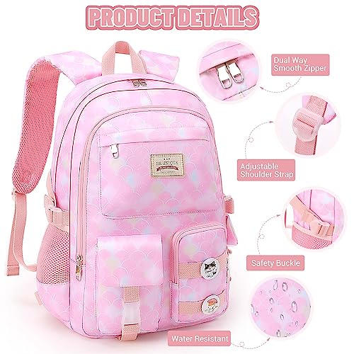 SCIONE School Backpacks for Girls - 15.6 Inch Large Mermaid Laptop Backpacks Anti Theft Primary Middle College Bookbags for Teens Girls Women Students