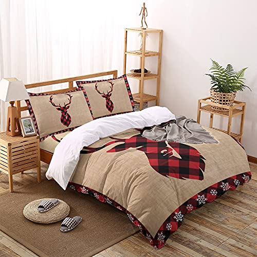 TocaHome Duvet Cover Twin Size, 4 Pieces Comforter Cover Set, Christmas Red Lattice Elk Snowflake Border Soft Bedding Sets - 1 Twin Duvet Cover, 1 Bed Sheet and 2 Pillowcases