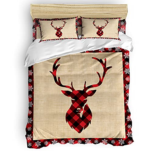 TocaHome Duvet Cover Twin Size, 4 Pieces Comforter Cover Set, Christmas Red Lattice Elk Snowflake Border Soft Bedding Sets - 1 Twin Duvet Cover, 1 Bed Sheet and 2 Pillowcases