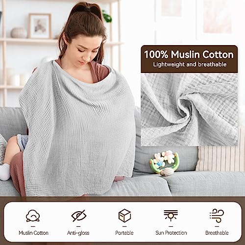 Riqiaqia Muslin Nursing Cover for Breastfeeding, Soft Cotton Breastfeeding Cover with Rigid Hoop for Baby, Multi-use Adjustable Nursing Apron Cover | Carseat Cover (Grey)