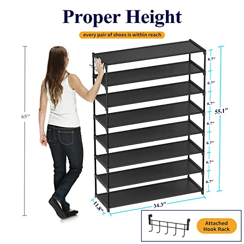 Kitsure 9-Tier Tall Shoe Rack for Closet - Shoe Organizer with Hook Rack, Large-Capacity of 36-45 Pairs, Metal Space-Saving Shoe Shelf for Entryway, Closet, Garage, Bedroom, Cloakroom