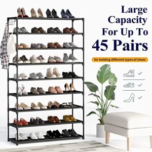 Kitsure 9-Tier Tall Shoe Rack for Closet - Shoe Organizer with Hook Rack, Large-Capacity of 36-45 Pairs, Metal Space-Saving Shoe Shelf for Entryway, Closet, Garage, Bedroom, Cloakroom