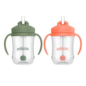 dr. brown's milestones, baby's first straw cup sippy cup with straw, 6m+, 9oz/270ml, 2 pack, coral & olive green, bpa free