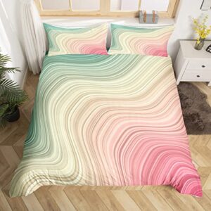 green pink gradient stripe duvet cover set twin size,2 pieces breathable marble watercolor bedding sets(1 duvet cover+1 pillowcase),children luxury abstract printed comforter cover set for teens kids