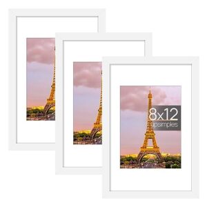 upsimples 8x12 picture frame set of 3, made of high definition glass for 6x8 with mat or 8x12 without mat, wall mounting photo frames, white