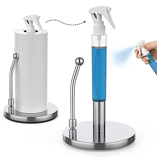 Paper Towel Holder with Spray Bottle by Elevated Essentials - Heavy Non Slip Weighted Stainless Steel Base for One Handed Operation - The Perfect Countertop Kitchen Paper Towel Holder