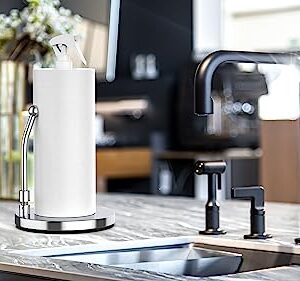 Paper Towel Holder with Spray Bottle by Elevated Essentials - Heavy Non Slip Weighted Stainless Steel Base for One Handed Operation - The Perfect Countertop Kitchen Paper Towel Holder