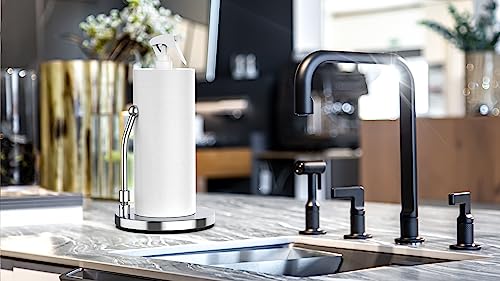 Paper Towel Holder with Spray Bottle by Elevated Essentials - Heavy Non Slip Weighted Stainless Steel Base for One Handed Operation - The Perfect Countertop Kitchen Paper Towel Holder