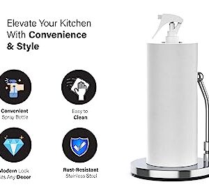 Paper Towel Holder with Spray Bottle by Elevated Essentials - Heavy Non Slip Weighted Stainless Steel Base for One Handed Operation - The Perfect Countertop Kitchen Paper Towel Holder