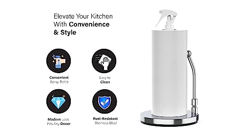 Paper Towel Holder with Spray Bottle by Elevated Essentials - Heavy Non Slip Weighted Stainless Steel Base for One Handed Operation - The Perfect Countertop Kitchen Paper Towel Holder