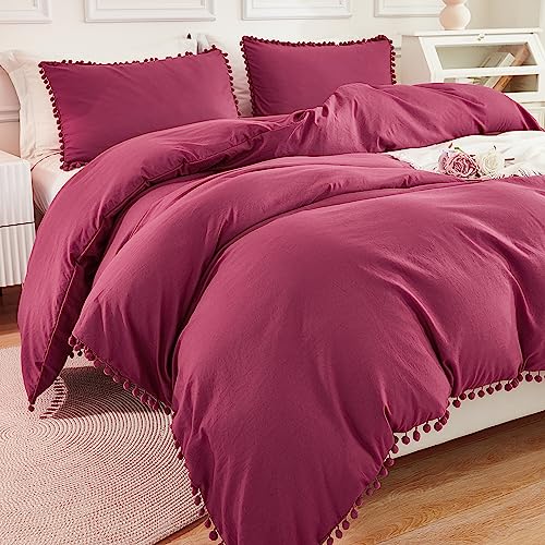 Andency Pom Pom Fringe Duvet Cover Full Size (79x90 Inch), 3 Pieces (1 Solid Burgundy Red Duvet Cover, 2 Pillowcases) Soft Washed Microfiber Duvet Cover Set with Zipper Closure, Corner Ties