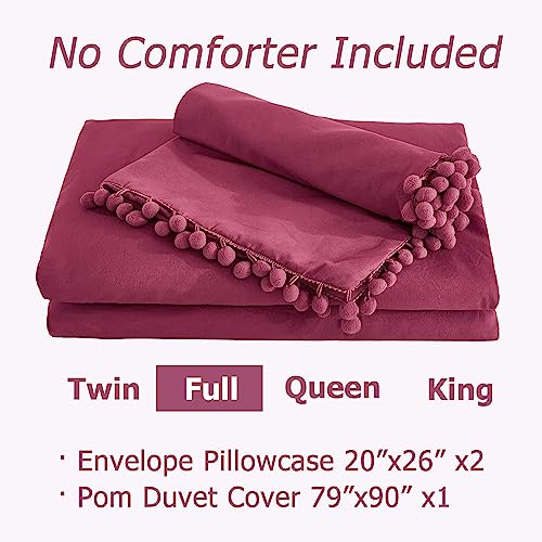 Andency Pom Pom Fringe Duvet Cover Full Size (79x90 Inch), 3 Pieces (1 Solid Burgundy Red Duvet Cover, 2 Pillowcases) Soft Washed Microfiber Duvet Cover Set with Zipper Closure, Corner Ties