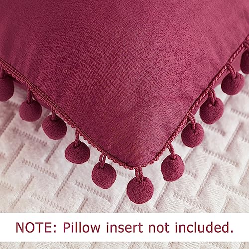 Andency Pom Pom Fringe Duvet Cover Full Size (79x90 Inch), 3 Pieces (1 Solid Burgundy Red Duvet Cover, 2 Pillowcases) Soft Washed Microfiber Duvet Cover Set with Zipper Closure, Corner Ties