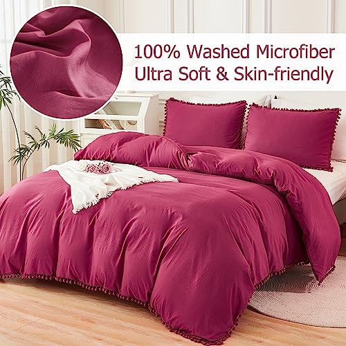 Andency Pom Pom Fringe Duvet Cover Full Size (79x90 Inch), 3 Pieces (1 Solid Burgundy Red Duvet Cover, 2 Pillowcases) Soft Washed Microfiber Duvet Cover Set with Zipper Closure, Corner Ties