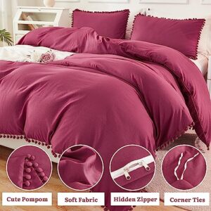 Andency Pom Pom Fringe Duvet Cover Full Size (79x90 Inch), 3 Pieces (1 Solid Burgundy Red Duvet Cover, 2 Pillowcases) Soft Washed Microfiber Duvet Cover Set with Zipper Closure, Corner Ties