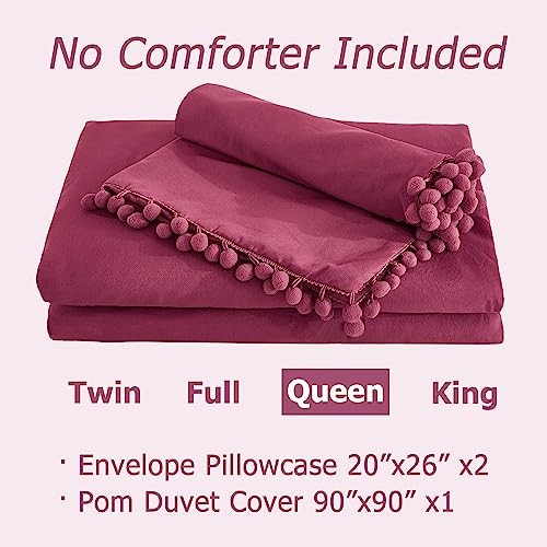 Andency Pom Pom Fringe Duvet Cover Queen Size (90x90 Inch), 3 Pieces (1 Solid Burgundy Red Duvet Cover, 2 Pillowcases) Soft Washed Microfiber Duvet Cover Set with Zipper Closure, Corner Ties