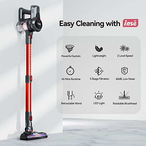 INSE Cordless Vacuum Cleaner, 6-in-1 Powerful Stick Vacuum, Rechargeable Vacuum Cleaner with 2200m-A-h Battery Up to 45 Mins Runtime, Lightweight Handheld Vacuum for Home Hard Floor Carpet Pet Hair