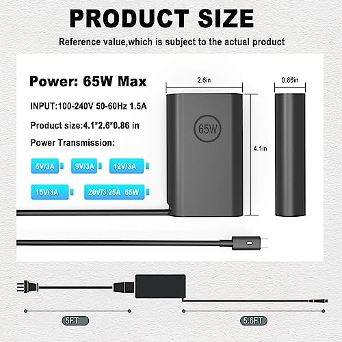 HBONY 65W 45W USB C Charger for Dell Laptop - Latitude 7420 5420 5430 5520 5530 7330 7430 5320 7320 7520 9420 9520 2in1 XPS 13plus Chromebook 3100 Power Cord,Dell Computer Type AC Adapter (SM65CL-01)