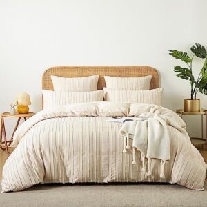 Nayoroom Boho Striped Duvet Cover Set King Size Beige Khaki Tufted Textured Bedding Sets 3 Pieces Soft Lightweight Washed Microfiber Aesthetic Comforter Cover with Zipper Closure for All Seasons