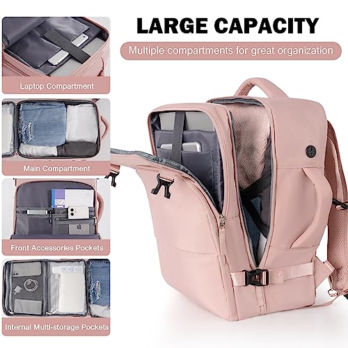 Rinlist Travel Backpack, TSA Friendly Carry-on Backpack Airline Approved Women Men, Anti-theft Hiking Gym Work Weekender Commuter Casual Daypack Bookbag, Personal Item Bag, Pink