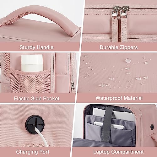 Rinlist Travel Backpack, TSA Friendly Carry-on Backpack Airline Approved Women Men, Anti-theft Hiking Gym Work Weekender Commuter Casual Daypack Bookbag, Personal Item Bag, Pink