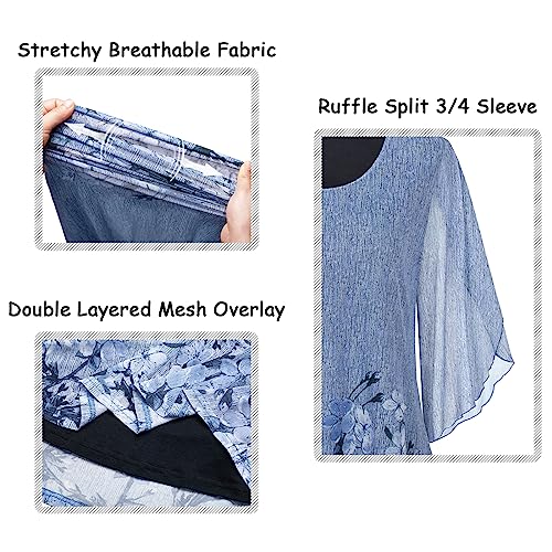 Ninedaily Business Casual Blouses for Women,Office Professional Outfits Tops Young Women Summer 3/4 Sleeve Tunic Layering Two Piece Sets Wear With Dressy Pants Work Clothing Fall Shirts Blue Size L