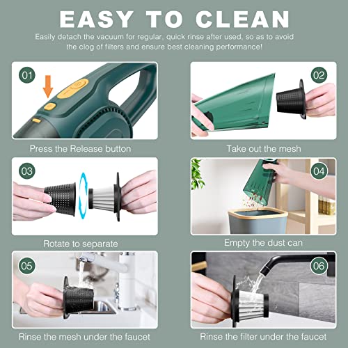 Handheld Vacuum Cordless 8Kpa Strong Suction Portable Car Vacuum Cleaner, by 3H Fast Charge Rechargeable Battery, 2-in-1 Wet & Dry Mini Vacuum, 30 Mins Runtime for Home,Car,Office (Jungle Green)