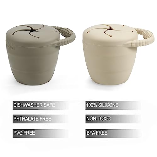 PandaEar Silicone Snack Containers, Collapsible Toddler Snack Cups Spill Proof Food Catcher for Toddler Baby, Pack of 2 -Light Tan/Walnut