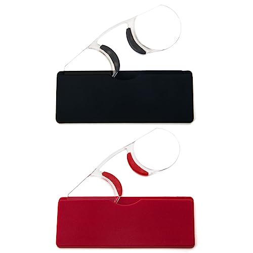 MMOWW Nose Pinching Armless Reading Glasses,2 Pack Ultra Slim Pocket Size Readers with Mini Portable Case (Black+Red,2.0)