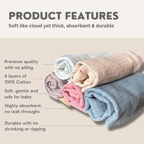 Baby Muslin Wash Cloth and Burp Cloths, 4 Layers Cotton Towels, Soft, Absorbent, Durable, no Leak throughs, Large Size, 5 Pack, Newborn Baby Must Haves Essentials