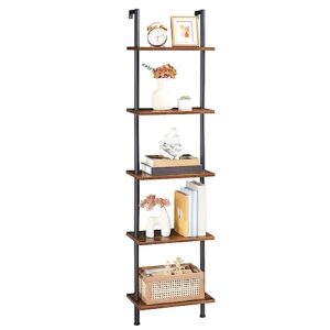 hoobro diy ladder shelf, 5-tier wooden wall mounted bookshelf, narrow bookcase, display shelf, storage rack, plant stand, for living room, bedroom, study, balcony, rustic brown and black bf531cj01