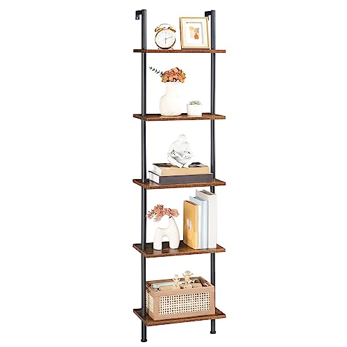 HOOBRO DIY Ladder Shelf, 5-Tier Wooden Wall Mounted Bookshelf, Narrow Bookcase, Display Shelf, Storage Rack, Plant Stand, for Living Room, Bedroom, Study, Balcony, Rustic Brown and Black BF531CJ01