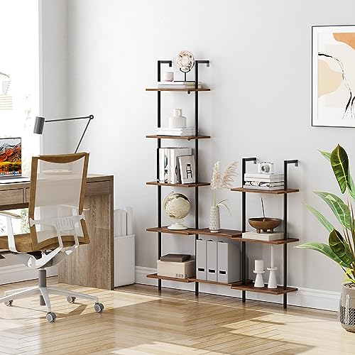 HOOBRO DIY Ladder Shelf, 5-Tier Wooden Wall Mounted Bookshelf, Narrow Bookcase, Display Shelf, Storage Rack, Plant Stand, for Living Room, Bedroom, Study, Balcony, Rustic Brown and Black BF531CJ01