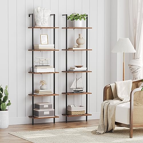 HOOBRO DIY Ladder Shelf, 5-Tier Wooden Wall Mounted Bookshelf, Narrow Bookcase, Display Shelf, Storage Rack, Plant Stand, for Living Room, Bedroom, Study, Balcony, Rustic Brown and Black BF531CJ01