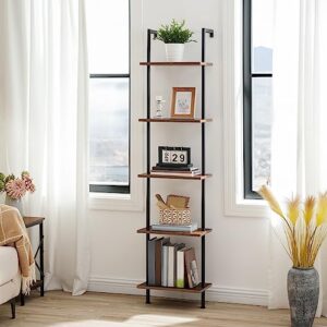 HOOBRO DIY Ladder Shelf, 5-Tier Wooden Wall Mounted Bookshelf, Narrow Bookcase, Display Shelf, Storage Rack, Plant Stand, for Living Room, Bedroom, Study, Balcony, Rustic Brown and Black BF531CJ01