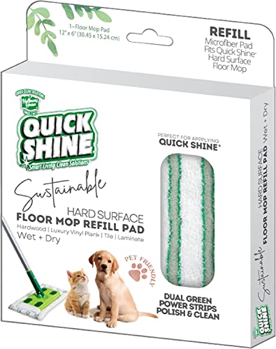 Quick Shine Multi Surface Floor Finish 64oz, 4Pk | Cleaner & Polish to use on Hardwood, Laminate, Luxury Vinyl Plank LVT, Tile & Stone & Hard Surface Floor Mop Refill Pad 12" Wx6 Dx1/2 H