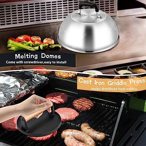 12” Melting Dome & 7” Burger Press Kit, Joyfair Basting Cover with Cast Iron Grill Press for Cheese Burger Bacon, Heavy Duty Griddle Accessories for Outdoor BBQ Flat Top Grilling, Dishwasher Safe