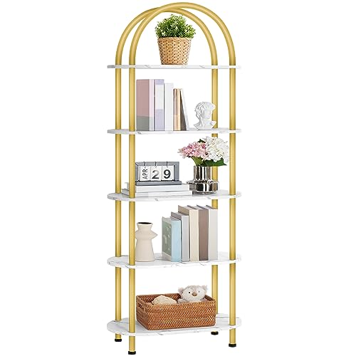 HOOBRO 5 Tier Bookshelf, Modern Arched Bookcase, White and Gold Book Shelf, Tall Bookcase Shelf Storage Organizer, Open Storage Shelves, Modern Book Shelves for Bedroom, Living Room, Gold DM176SJ01