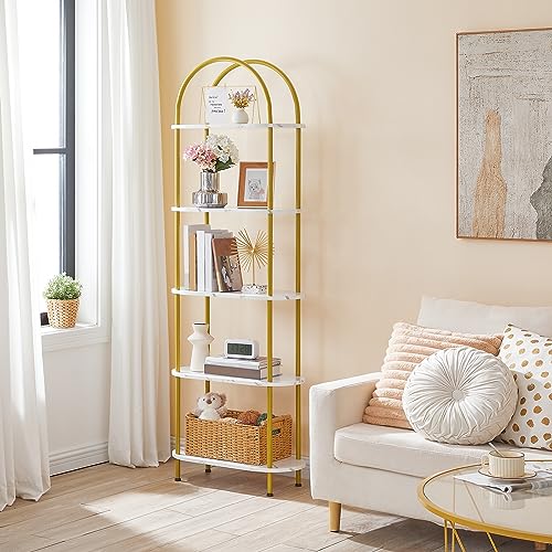 HOOBRO 5 Tier Bookshelf, Modern Arched Bookcase, White and Gold Book Shelf, Tall Bookcase Shelf Storage Organizer, Open Storage Shelves, Modern Book Shelves for Bedroom, Living Room, Gold DM176SJ01