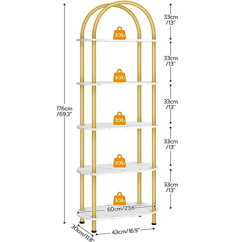 HOOBRO 5 Tier Bookshelf, Modern Arched Bookcase, White and Gold Book Shelf, Tall Bookcase Shelf Storage Organizer, Open Storage Shelves, Modern Book Shelves for Bedroom, Living Room, Gold DM176SJ01