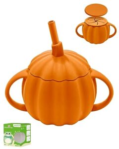 brvtot 3 in 1 training cups for baby & toddler 7 oz, spill proof toddler straw cup & snack containers cup with dustproof lid, bpa free silicone baby sippy cup for 1+ year old, cute pumpkin baby gifts
