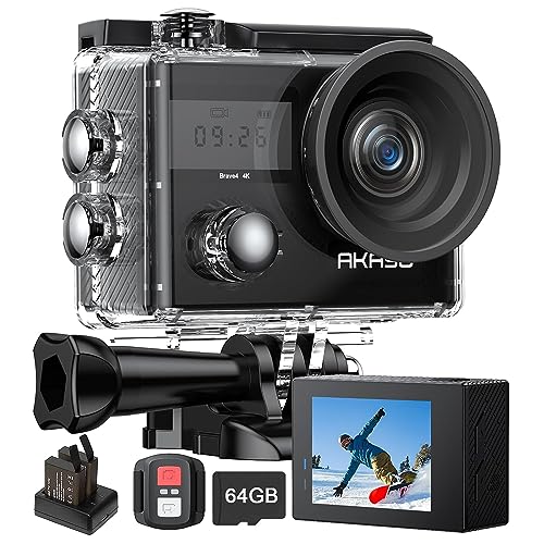 AKASO Brave 4 4K30fps Action Camera + Kingston 64GB MicroSDXC Memory Card Accessories Kit Bundle - 20MP Ultra HD Photo EIS 30m Waterproof Camera WiFi Remote Control 5X Zoom Underwater Video Cameras