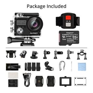 AKASO Brave 4 4K30fps Action Camera + Kingston 64GB MicroSDXC Memory Card Accessories Kit Bundle - 20MP Ultra HD Photo EIS 30m Waterproof Camera WiFi Remote Control 5X Zoom Underwater Video Cameras