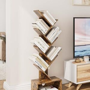 Aobafuir 6-Tier Tree Book Shelf, Open Side Standing Bookcase Shelf, Wooden Bookshelves Storage Rack for CD/Book, Utility Organizer Shelves for Living Room,Bedroom, Rustic Brown