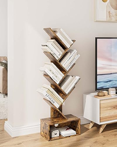 Aobafuir 6-Tier Tree Book Shelf, Open Side Standing Bookcase Shelf, Wooden Bookshelves Storage Rack for CD/Book, Utility Organizer Shelves for Living Room,Bedroom, Rustic Brown