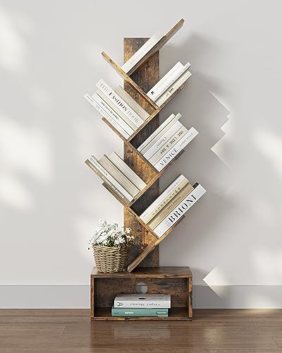 Aobafuir 6-Tier Tree Book Shelf, Open Side Standing Bookcase Shelf, Wooden Bookshelves Storage Rack for CD/Book, Utility Organizer Shelves for Living Room,Bedroom, Rustic Brown